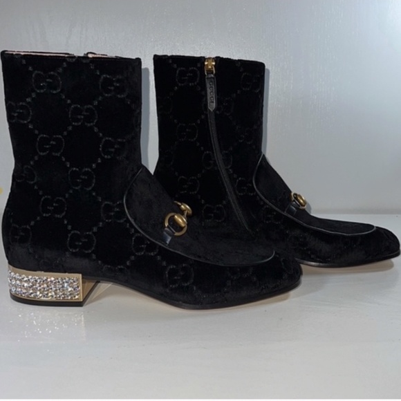 Authentic  Gucci Horsebit GG Velvet Crystal Ankle Boot - Picture 2 of 15